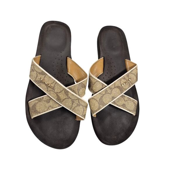 Coach Signature Janine Brown Slip-On Women's Flip-Flop Sandals Leather Size 9.5B - Picture 1 of 6